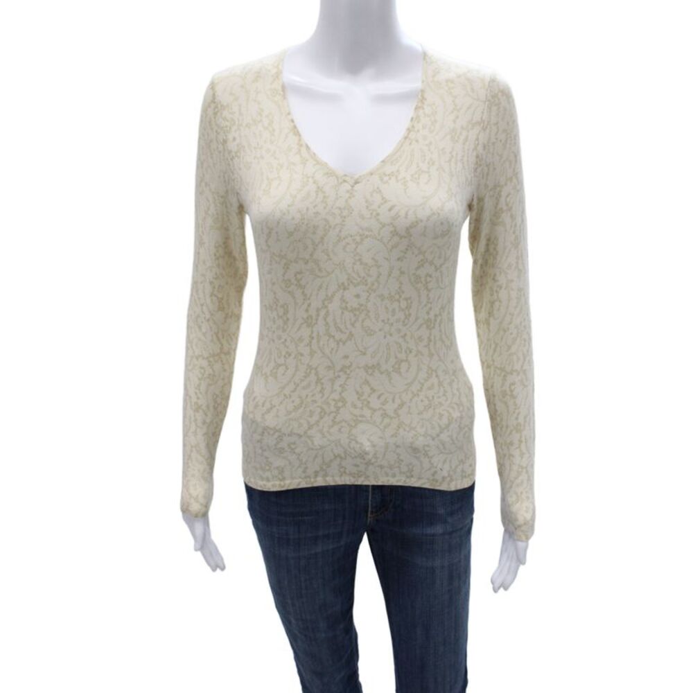 Sutton Studio Women Beige Silk Cashmere V Neck Sweater Size XS Petite